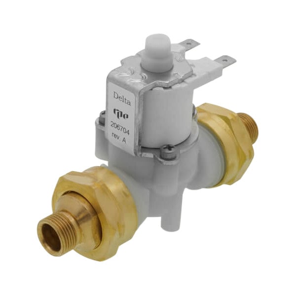 Gray and brass solenoid valve with cylindrical coil housing and two threaded brass adapter connections.