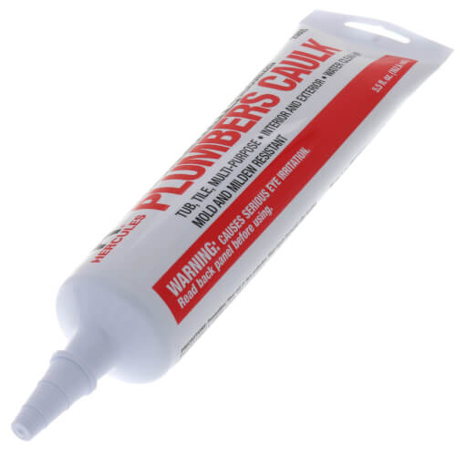 Five white caulk tubes labeled Hercules Plumbers Caulk with red warning labels and applicator tips.
