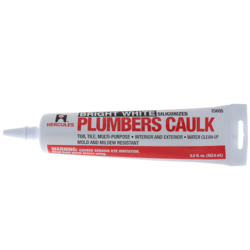 White silicone plumbers caulk tube with red and black label and applicator nozzle.
