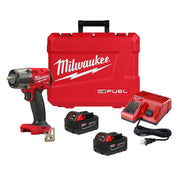 Milwaukee M18 FUEL 3/8" impact wrench with friction ring, two batteries, charger, and red carrying case.