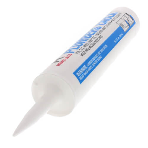 Clear caulk sealant tube with blue and white label and pointed applicator tip.