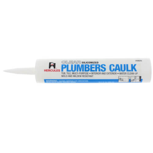 Clear silicone caulk tube with white applicator tip and blue and black product labeling.