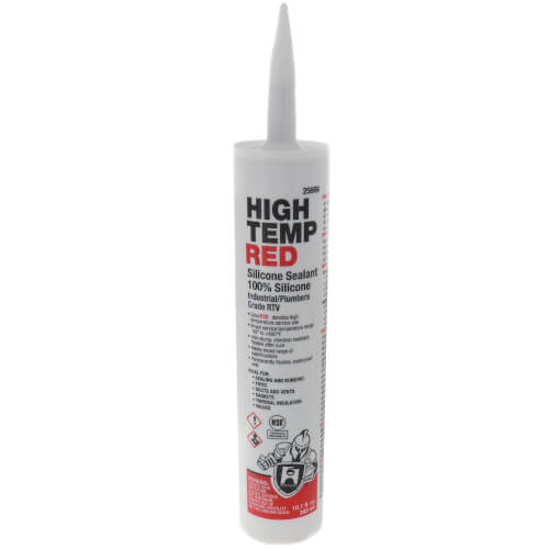 Red silicone sealant cartridge with pointed dispensing tip and product label visible.