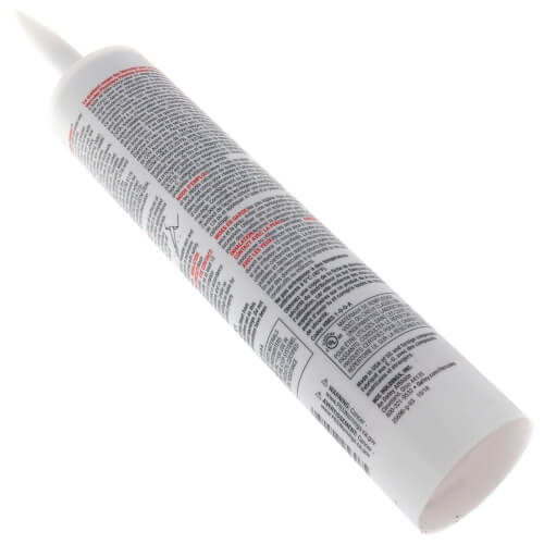 White caulk tube with gray label and red text, tapered nozzle at top, product information visible on side.