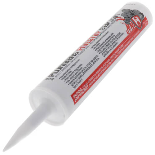 White caulk tube with red and gray label and pointed applicator tip.