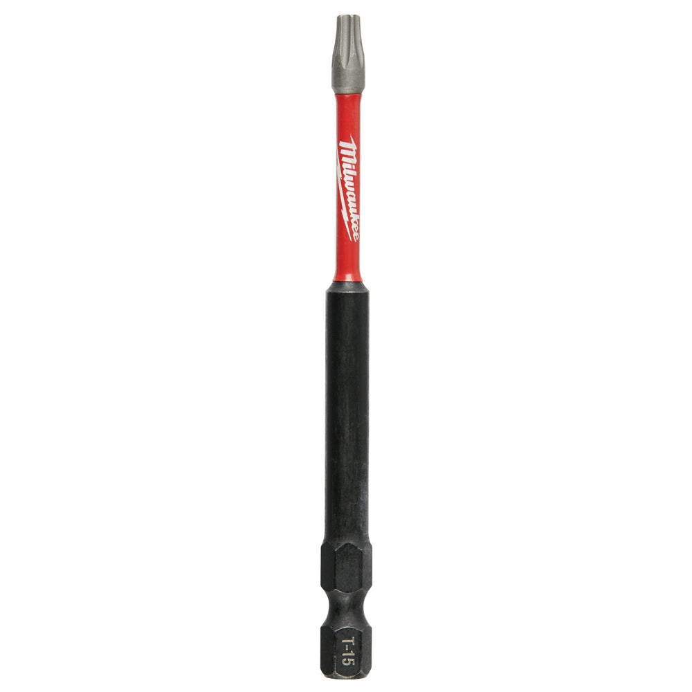 Milwaukee Shockwave T15 impact bit with red shaft, black grip sleeve, and gray tip on white background.