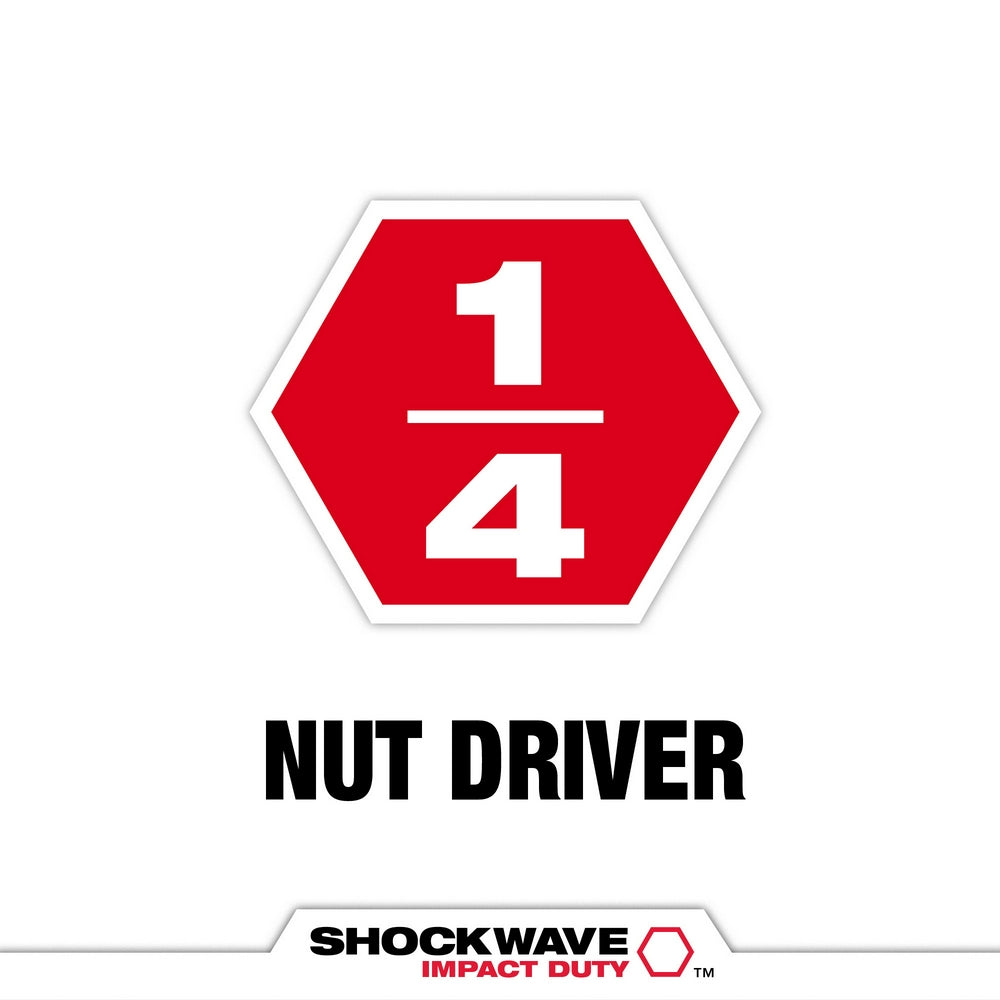 Red hexagonal Milwaukee Shockwave nut driver with 1/4" size marking displayed on white background.