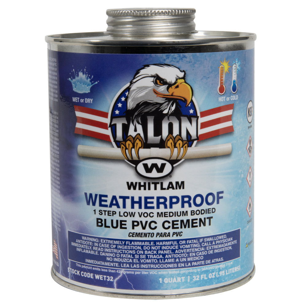 Blue PVC cement can with metal cap and eagle logo, labeled "Whitlam Weatherproof 1 Step Low VOC Medium Bodied Blue PVC Cement