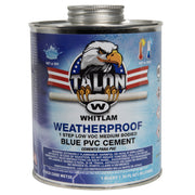 Four 1-quart cans of Whitlam blue PVC cement with metal screw-top lids and eagle logo label.