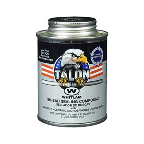Whitlam Talon PTFE pipe thread compound in a metal can with silver screw-on lid and black label featuring eagle logo.