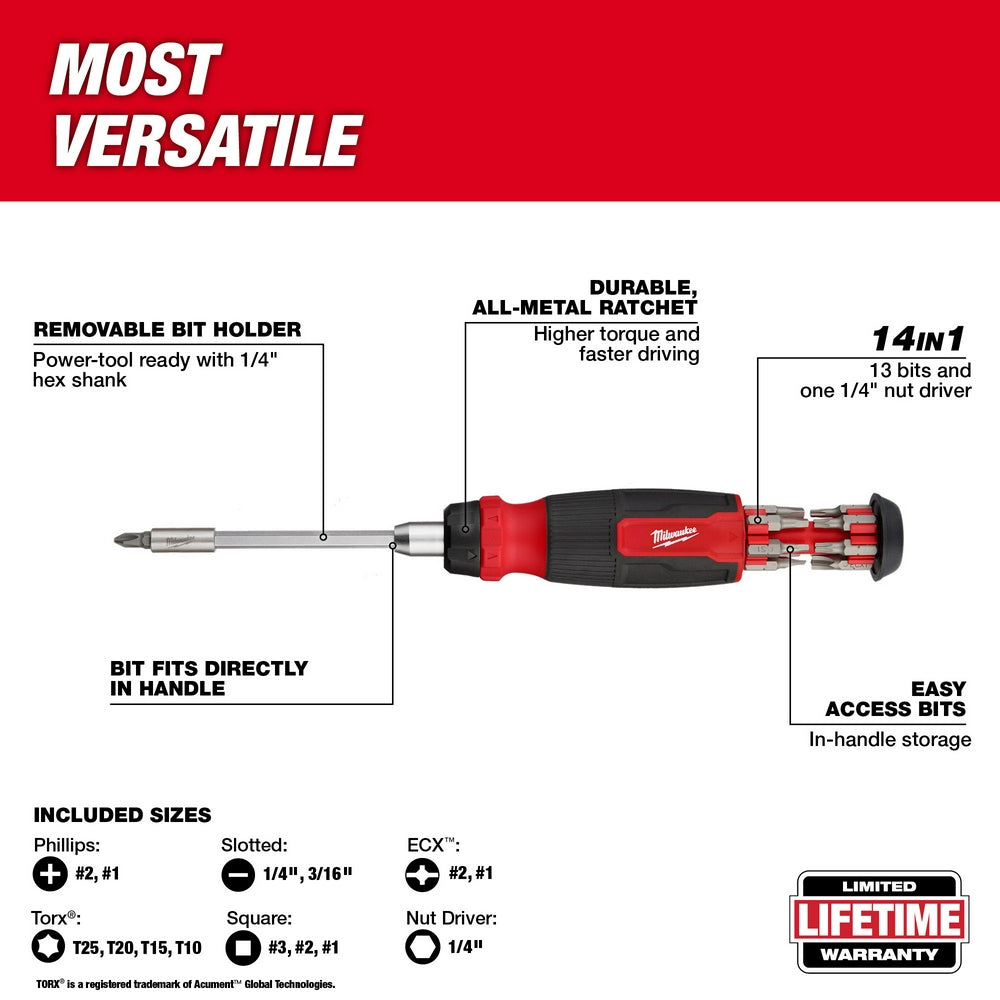 Milwaukee ratcheting multi-bit screwdriver with red and black handle, removable bit holder, and storage compartment containin