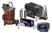 Liberty Pumps sump pump combo system with copper primary pump, white backup pump, black storage basin, charger, and blue cont