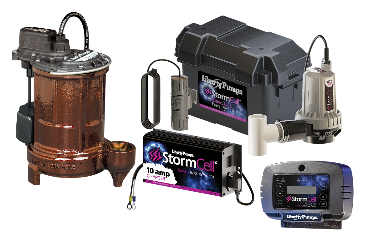 Liberty Pumps sump pump combo system with copper primary pump, white backup pump, black storage basin, charger, and blue cont