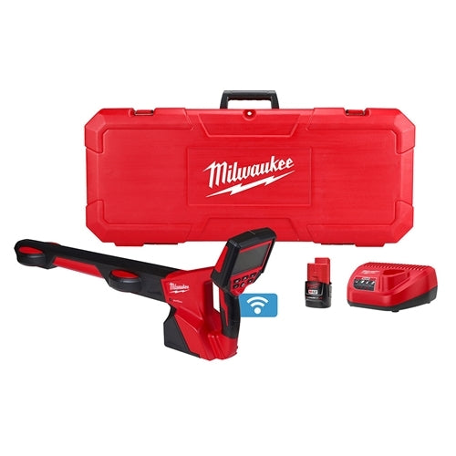 Milwaukee M12 pipeline locator kit with red carrying case, handheld detector unit, battery, and charger.