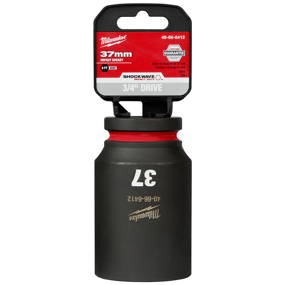 Milwaukee Shockwave 37mm deep 6-point socket with 3/4" drive in black with red accents and packaging.