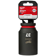 Milwaukee Shockwave 37mm deep 6-point socket with 3/4" drive in black with red accents and packaging.