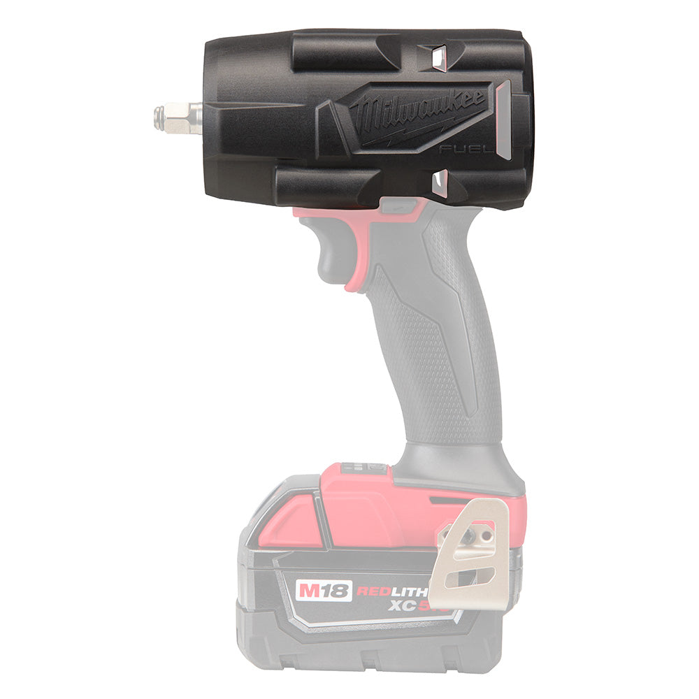 Black protective boot attachment for Milwaukee M18 FUEL mid-torque impact wrench with square drive socket connector.