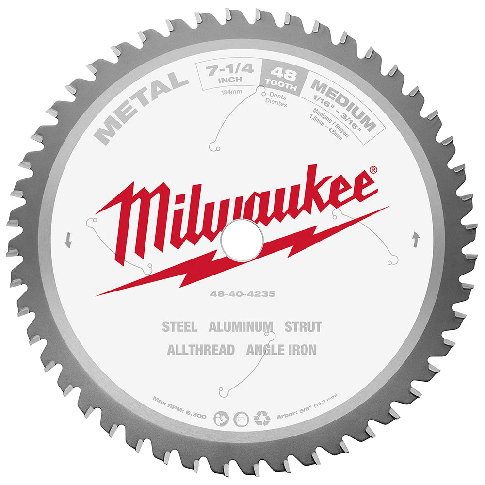 Milwaukee 7-1/4 inch metal cutting circular saw blade with 48 teeth for steel, aluminum, and other materials.