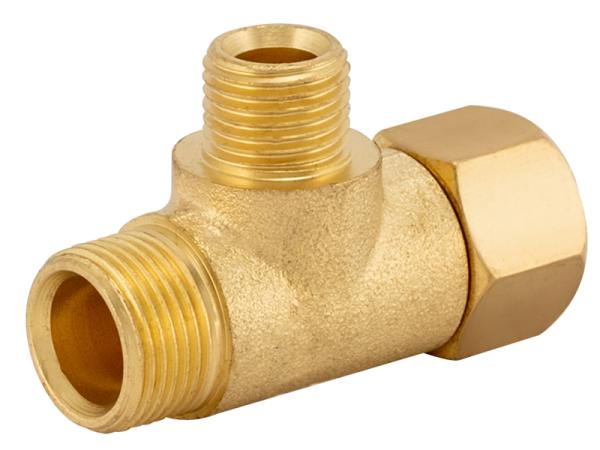 Brass 1/4 inch add-an-outlet adapter with threaded male and female connections and outlet port.