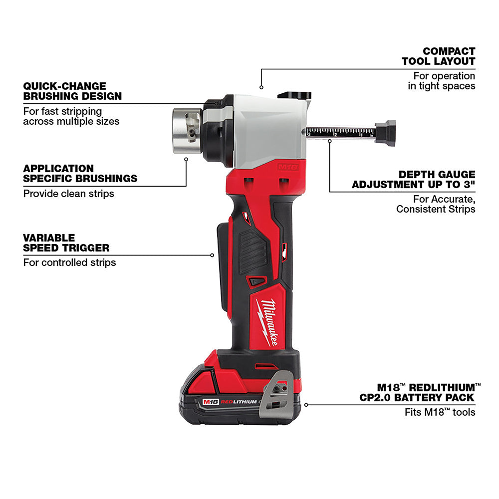 Milwaukee M18 cordless cable stripper with red and black housing, quick-change brushing head, depth gauge, and CP2.0 battery 