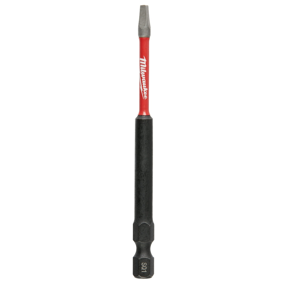 Milwaukee Shockwave impact driver bit with red shaft, black grip, and square tip head.