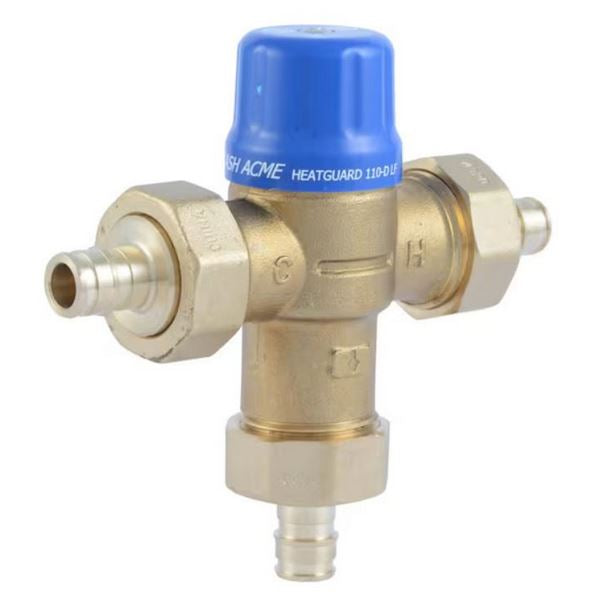 Brass expansion valve with blue HeatGuard cap and three 3/4-inch push-connect ports.
