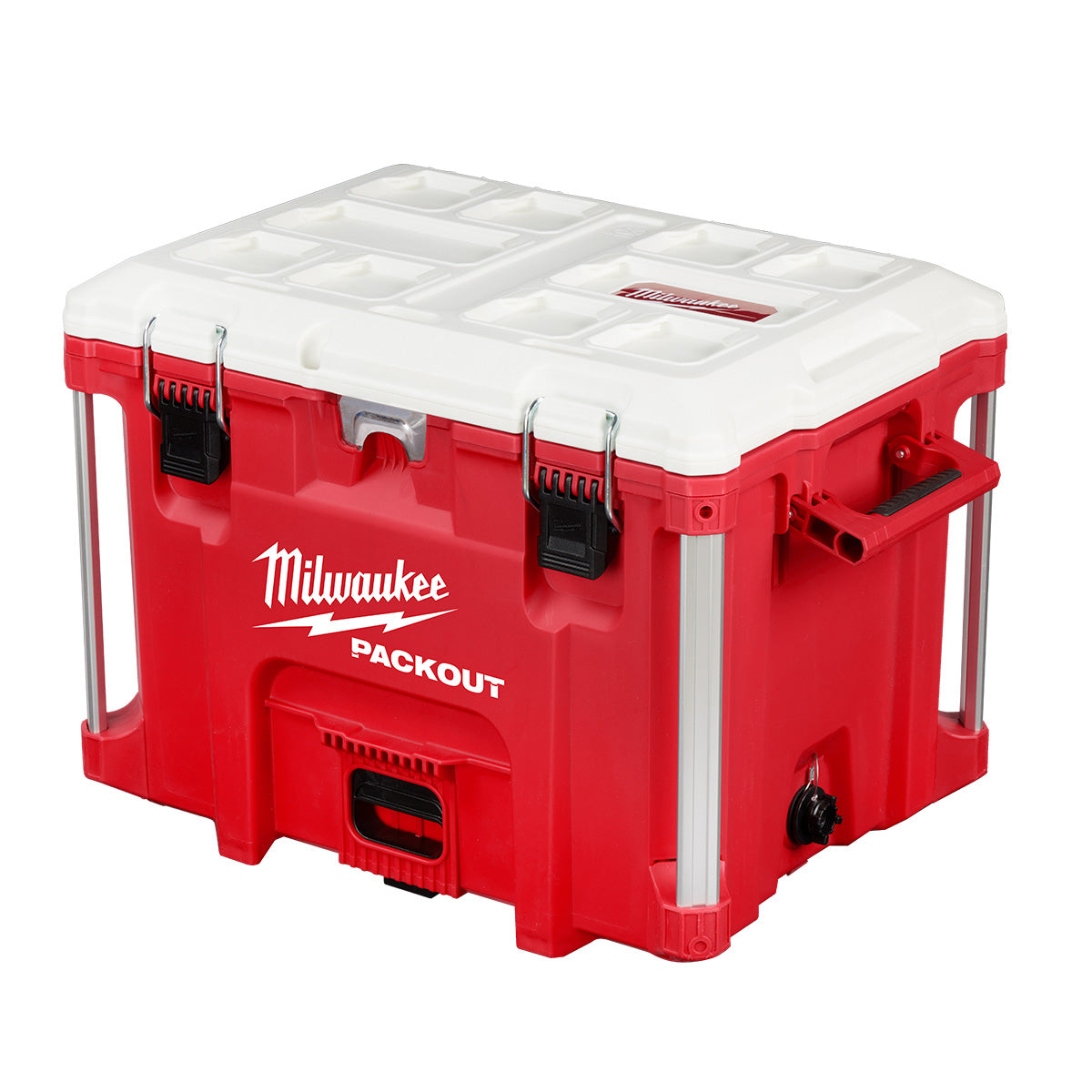 Red and white Milwaukee PACKOUT cooler with white removable compartment lid, metal handles, and drain valve.