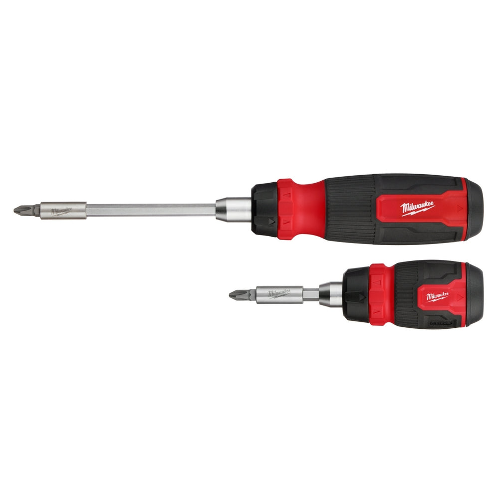 Two Milwaukee ratcheting screwdrivers with red and black handles, one larger and one compact size, displayed side by side.