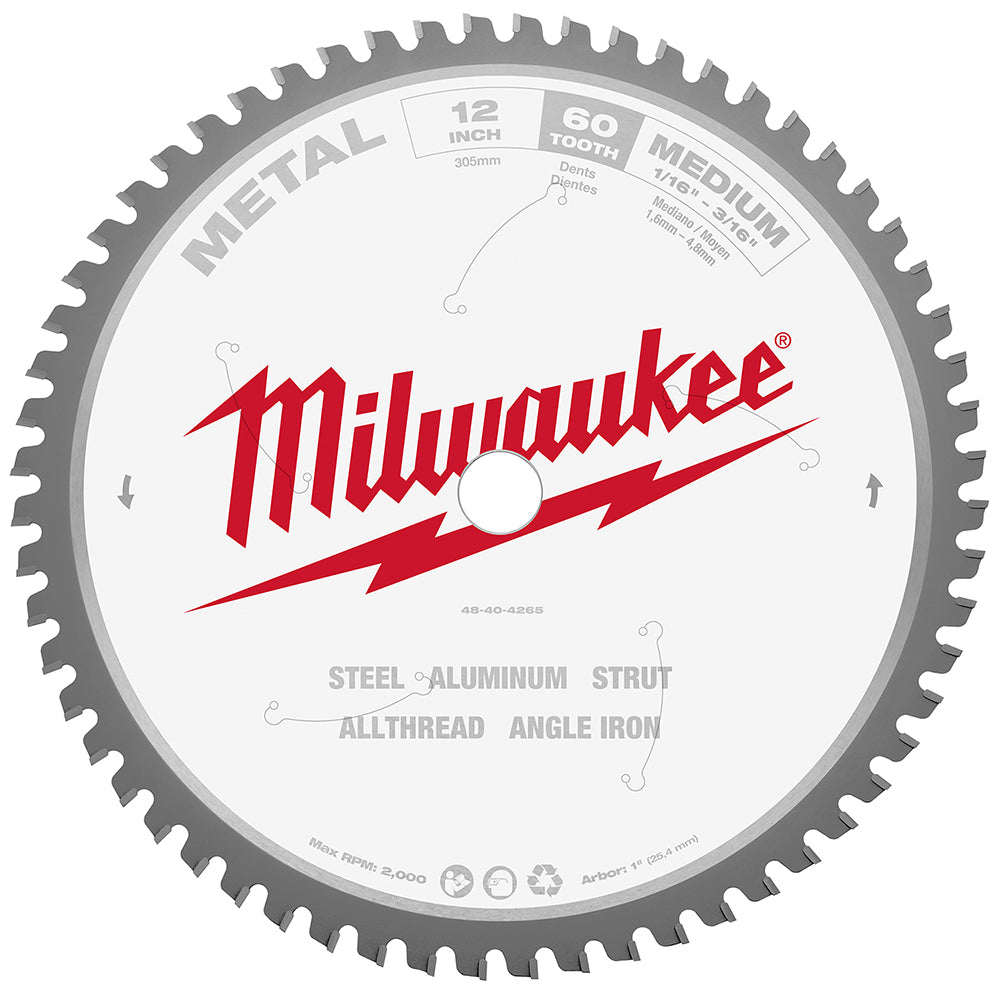 Milwaukee 12-inch metal cutting circular saw blade with 60 carbide teeth and center arbor hole.