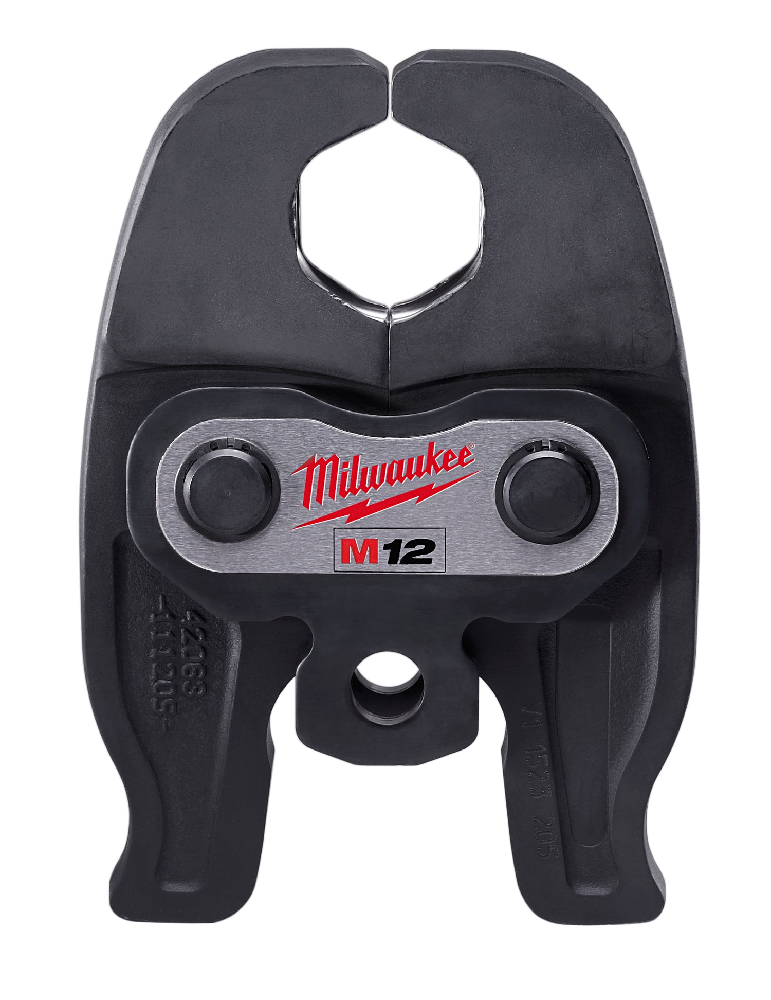 Black Milwaukee M12 press jaw attachment with two circular openings and mounting bracket.
