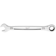 Silver Milwaukee 25MM ratcheting combination wrench with open end and ratchet head, marked "25" on both sides.