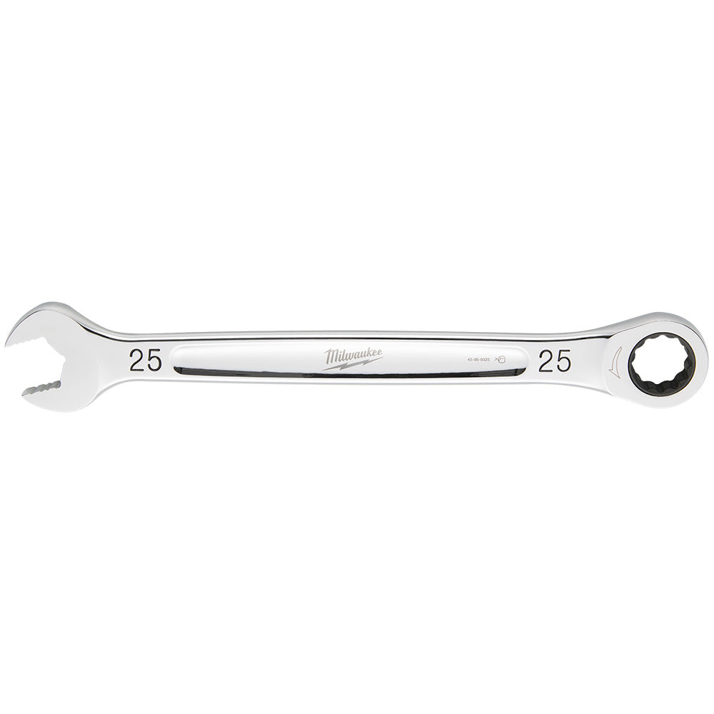 Silver Milwaukee 25MM ratcheting combination wrench with open end and ratchet head, marked "25" on both sides.
