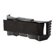 Black plastic hard hat mount with black webbing strap and attachment brackets for securing a headlamp.