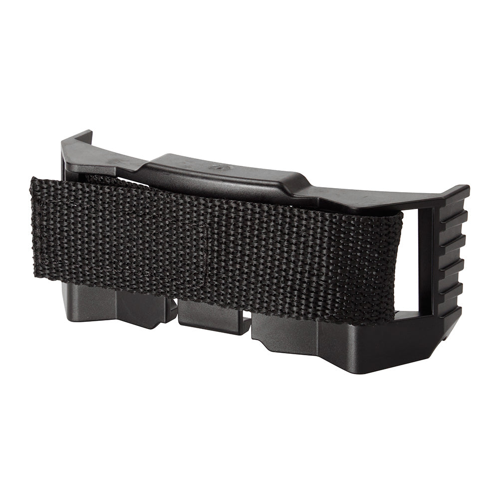 Black plastic hard hat mount with black webbing strap and attachment brackets for securing a headlamp.