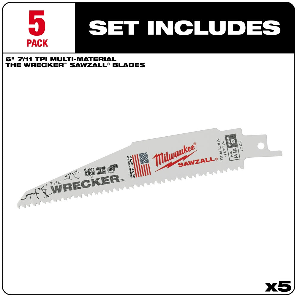 Five Milwaukee SAWZALL reciprocating saw blades with "The Wrecker" branding, 6 inches long with 7/11 TPI teeth for multi-mate