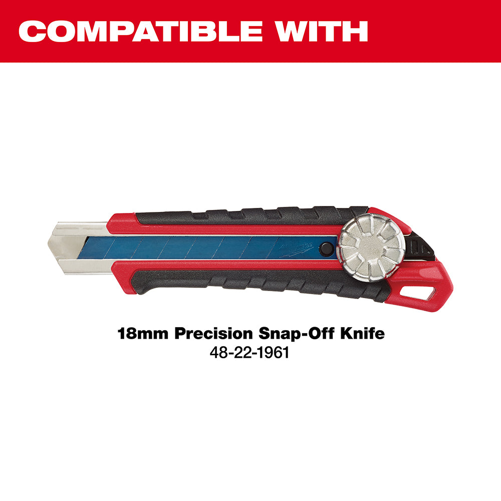 Red and black 18mm precision snap-off knife with blue blade and rotary advance mechanism.