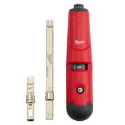 Milwaukee punchdown tool with red handle, black grip, and two interchangeable metal blades of different sizes.