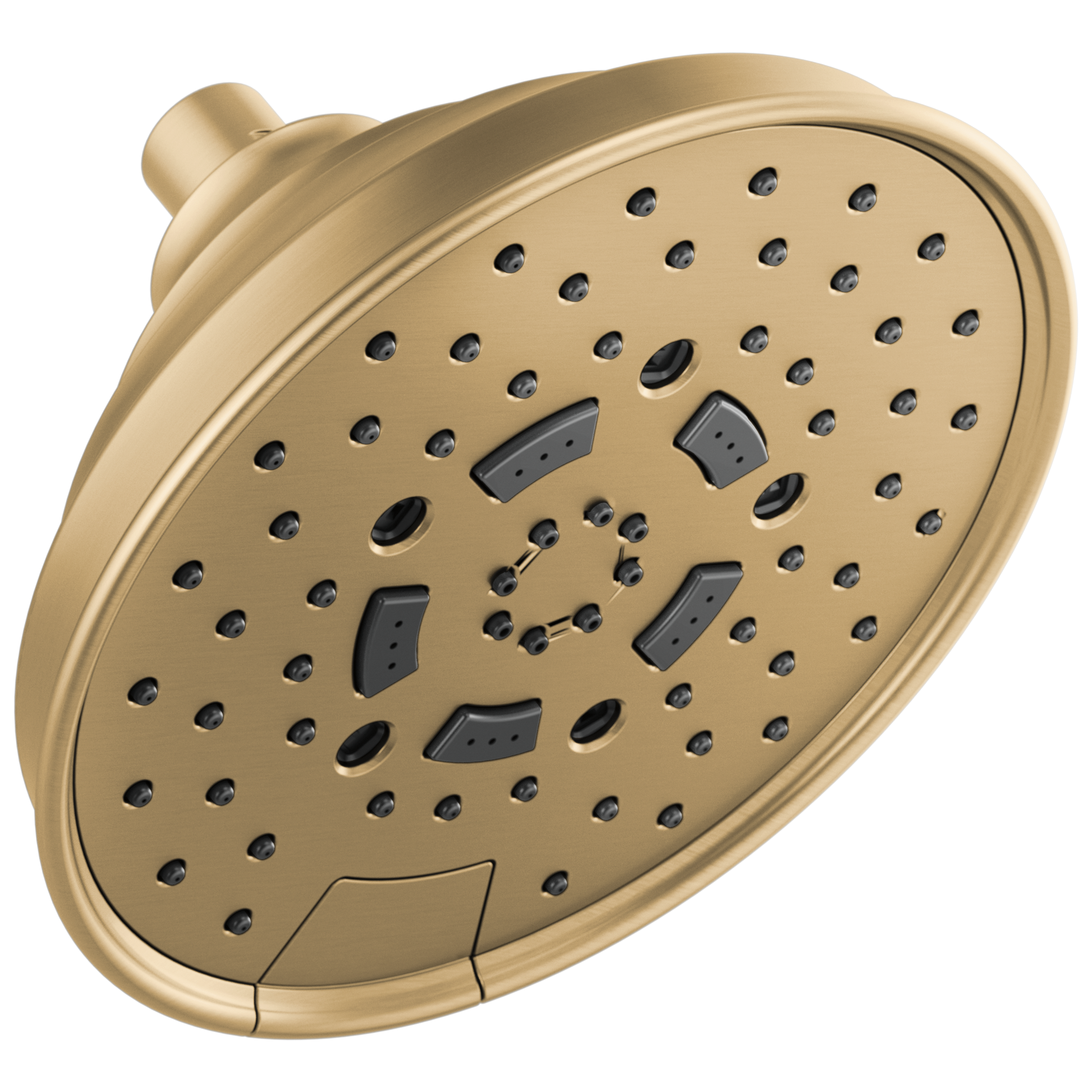Round champagne gold shower head with multiple spray jets and black accent nozzles, wall-mounted with short arm.
