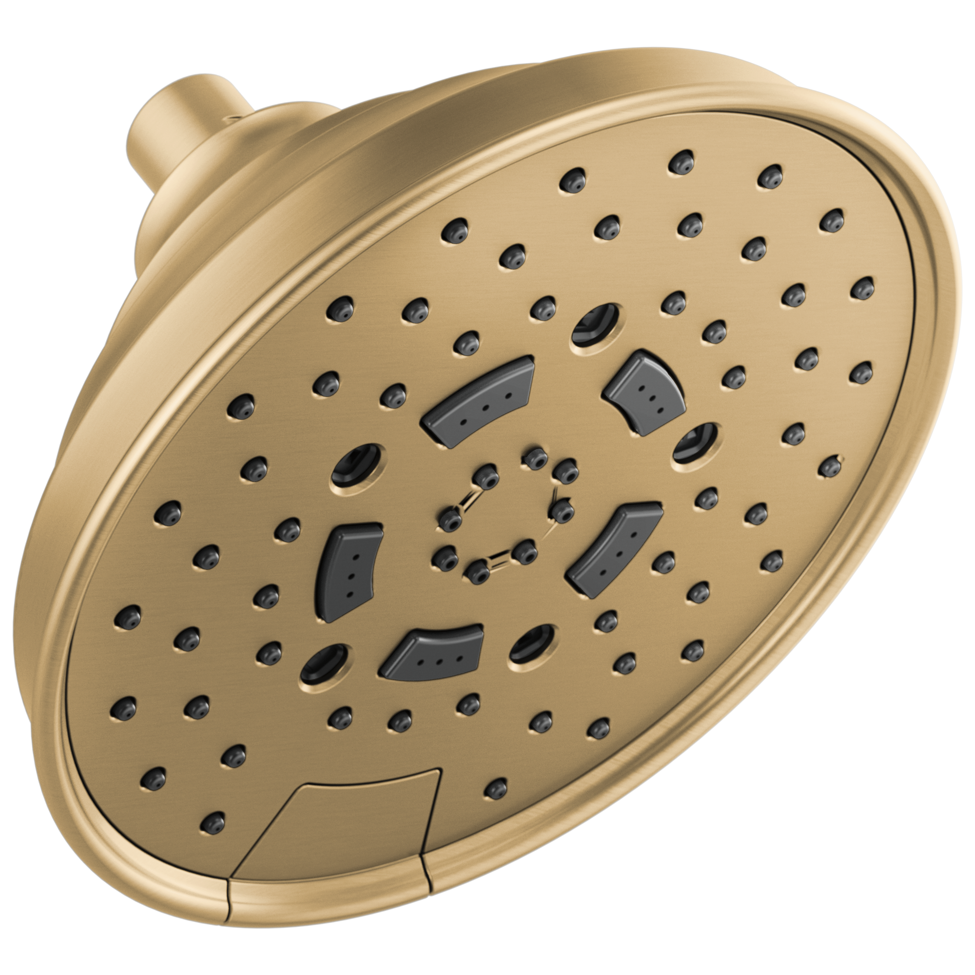Round champagne gold shower head with multiple spray jets and black accent nozzles, wall-mounted with short arm.