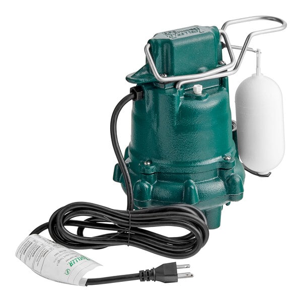 Teal submersible sump pump with attached white float switch, power cord, and plug.