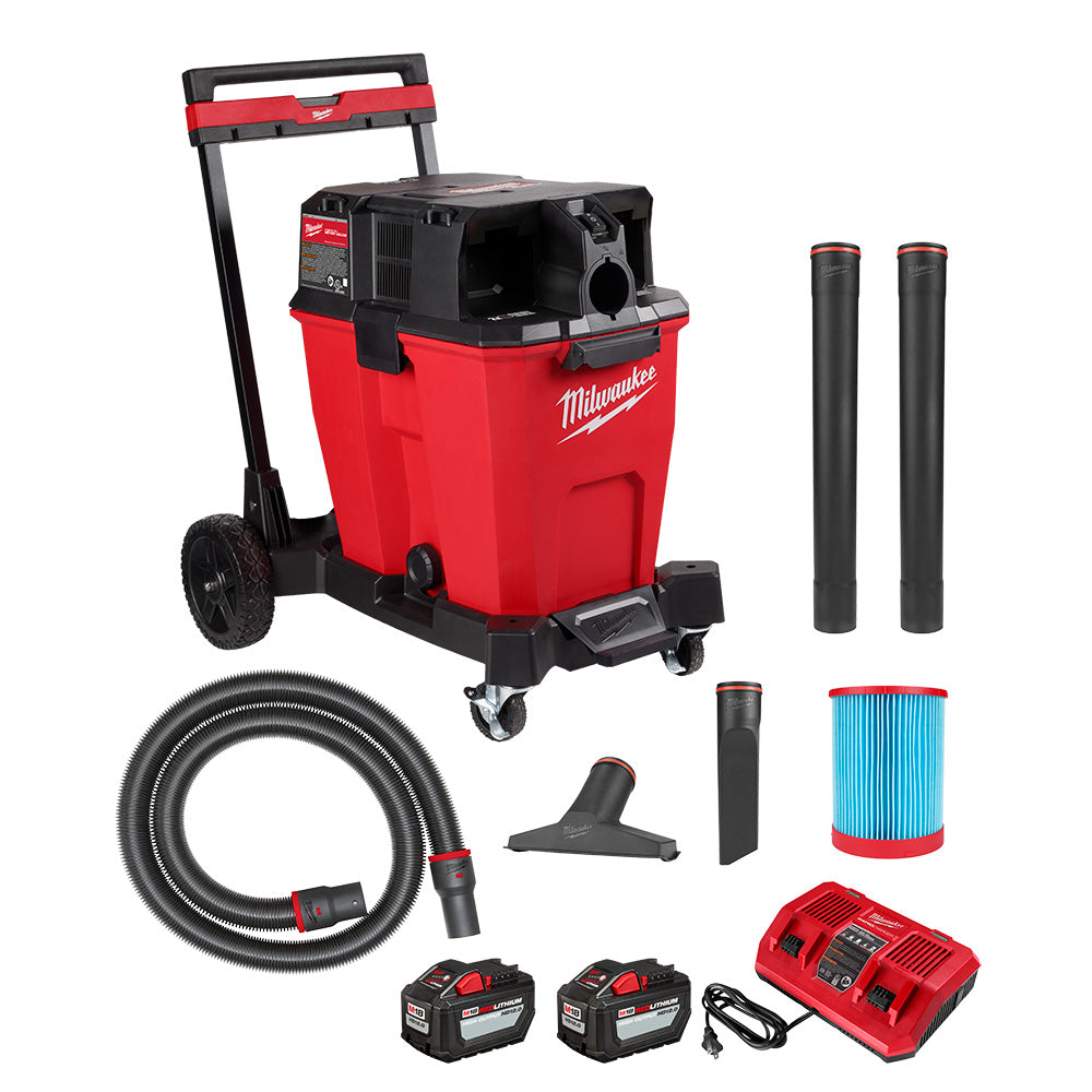 Red and black Milwaukee wet/dry vacuum with handle, wheels, hose, filter, floor tool, extension tubes, two batteries, and dua