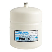 Cream-colored cylindrical expansion tank with metal threaded connection on top and Watts brand label.