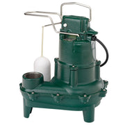 Green cast iron sewage pump with white float switch, metal discharge pipe, and black power cord attached.