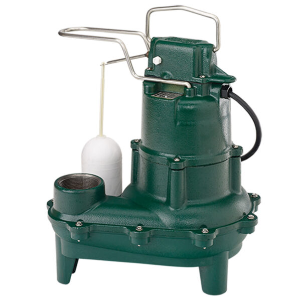 Green cast iron sewage pump with white float switch, metal discharge pipe, and black power cord attached.