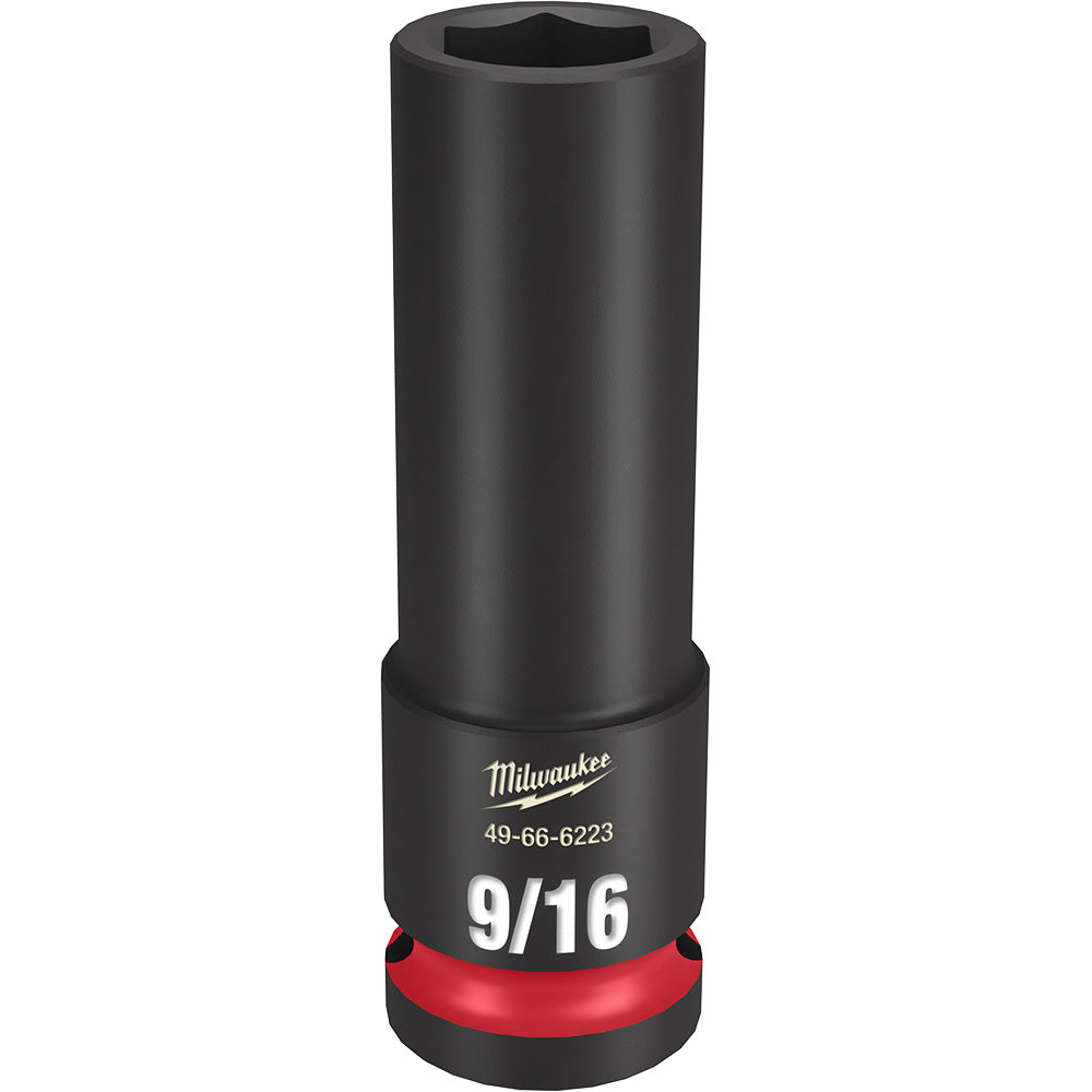 Black Milwaukee Shockwave 9/16" deep socket with hexagonal opening and red grip ring at base.