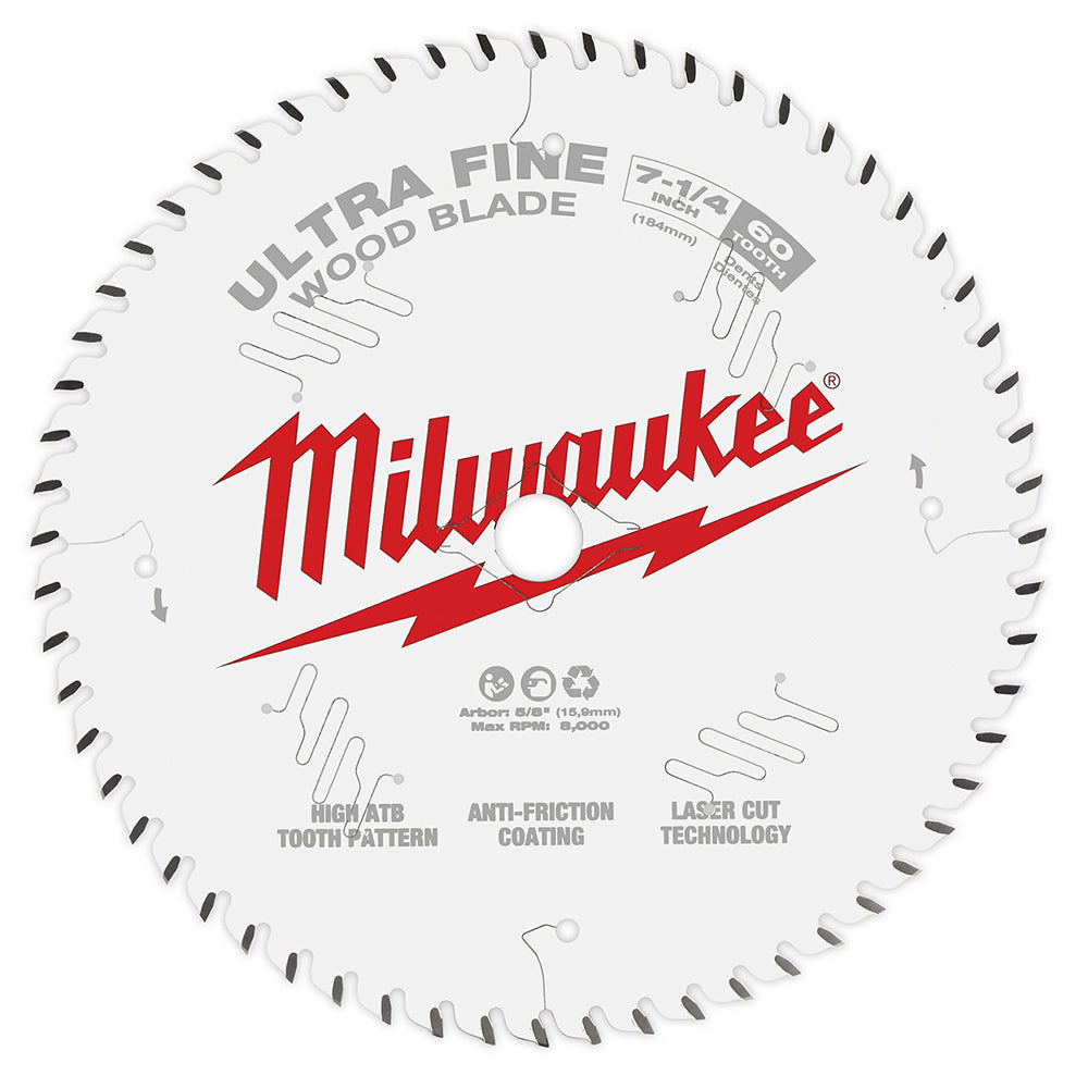 Milwaukee 7-1/4 inch circular saw blade with 60 teeth and white coating for fine wood cutting.
