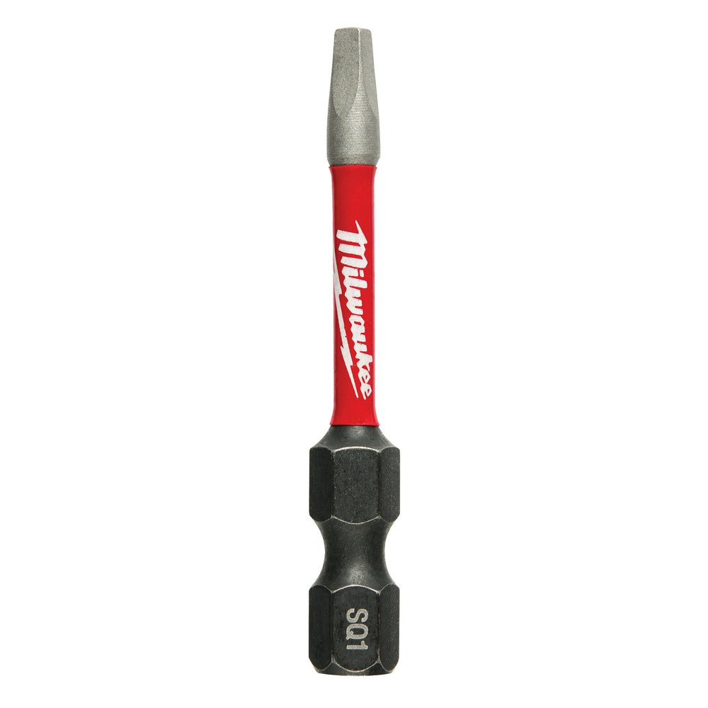 Milwaukee Shockwave 2-inch impact power bit with square recess tip, red sleeve and gray metal head.