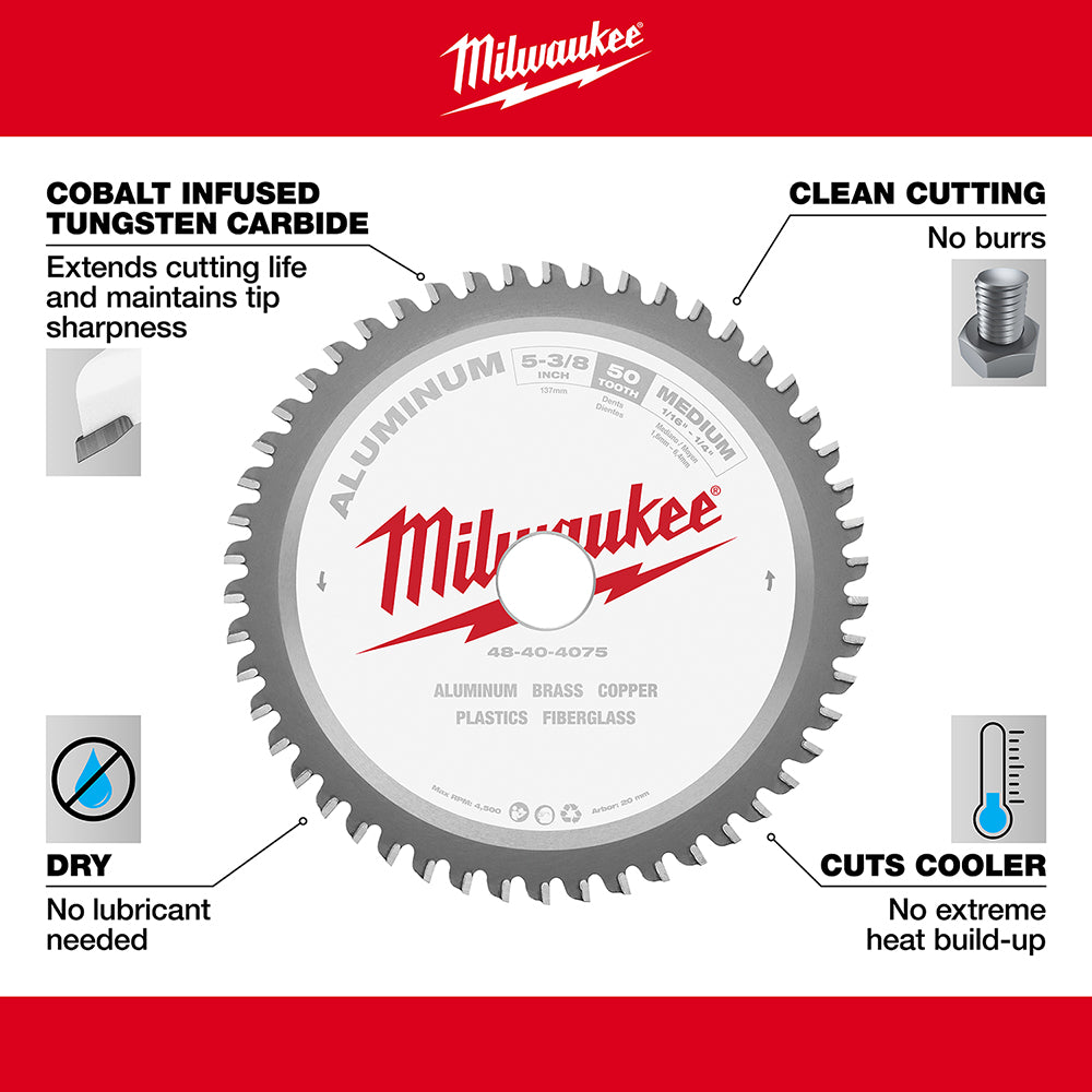 Milwaukee 5-3/8 inch 50-tooth circular saw blade with cobalt tungsten carbide teeth for non-ferrous metal cutting.