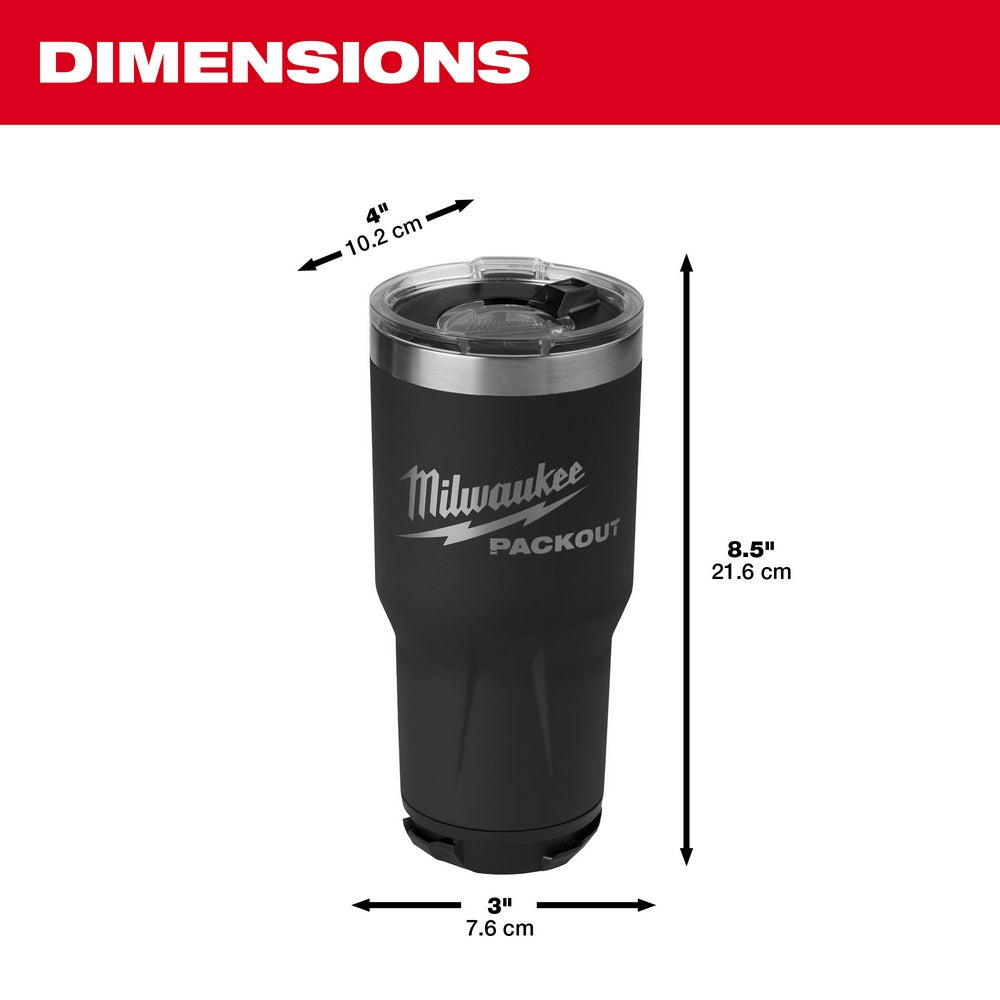 Black insulated tumbler with Milwaukee PACKOUT branding, stainless steel band, and transparent lid with measurements showing 