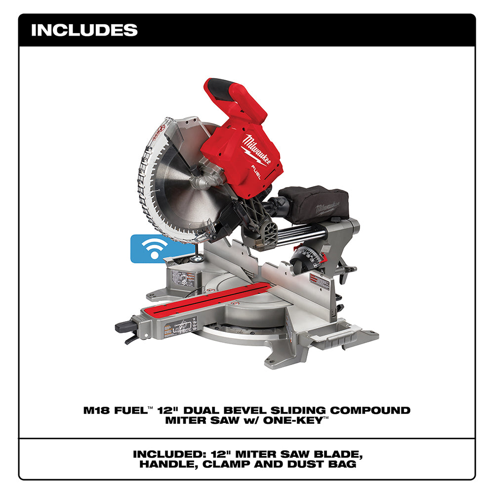 Milwaukee M18 FUEL dual bevel sliding compound miter saw with 12-inch blade, red and gray body, shown at angle on white backg